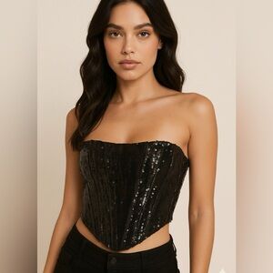 Mable Via La Athens Black Sequin Bustier Lace Up Back Strapless Top Medium NWT